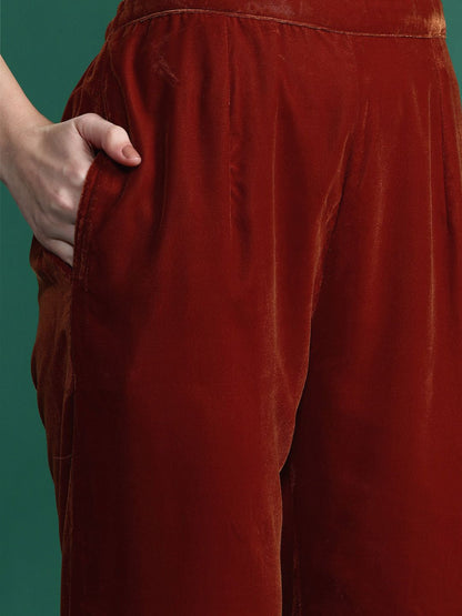 Indyancart IE Floral Embroidered Velvet Kurta with Trousers & With Dupatta