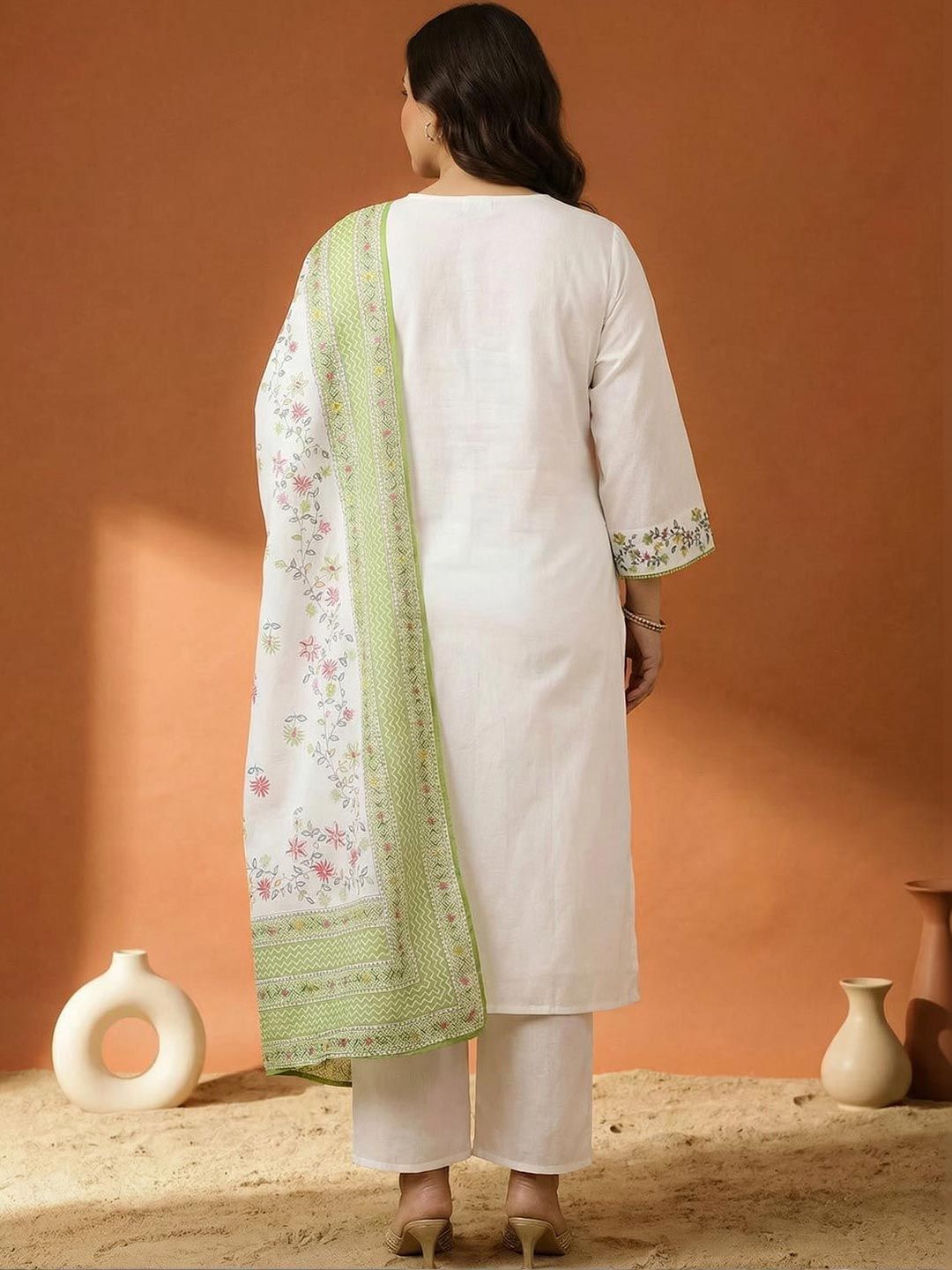 Indyancart Women's Floral Embroidered Regular Thread Work Pure Cotton Kurta with Trousers & With Dupatta