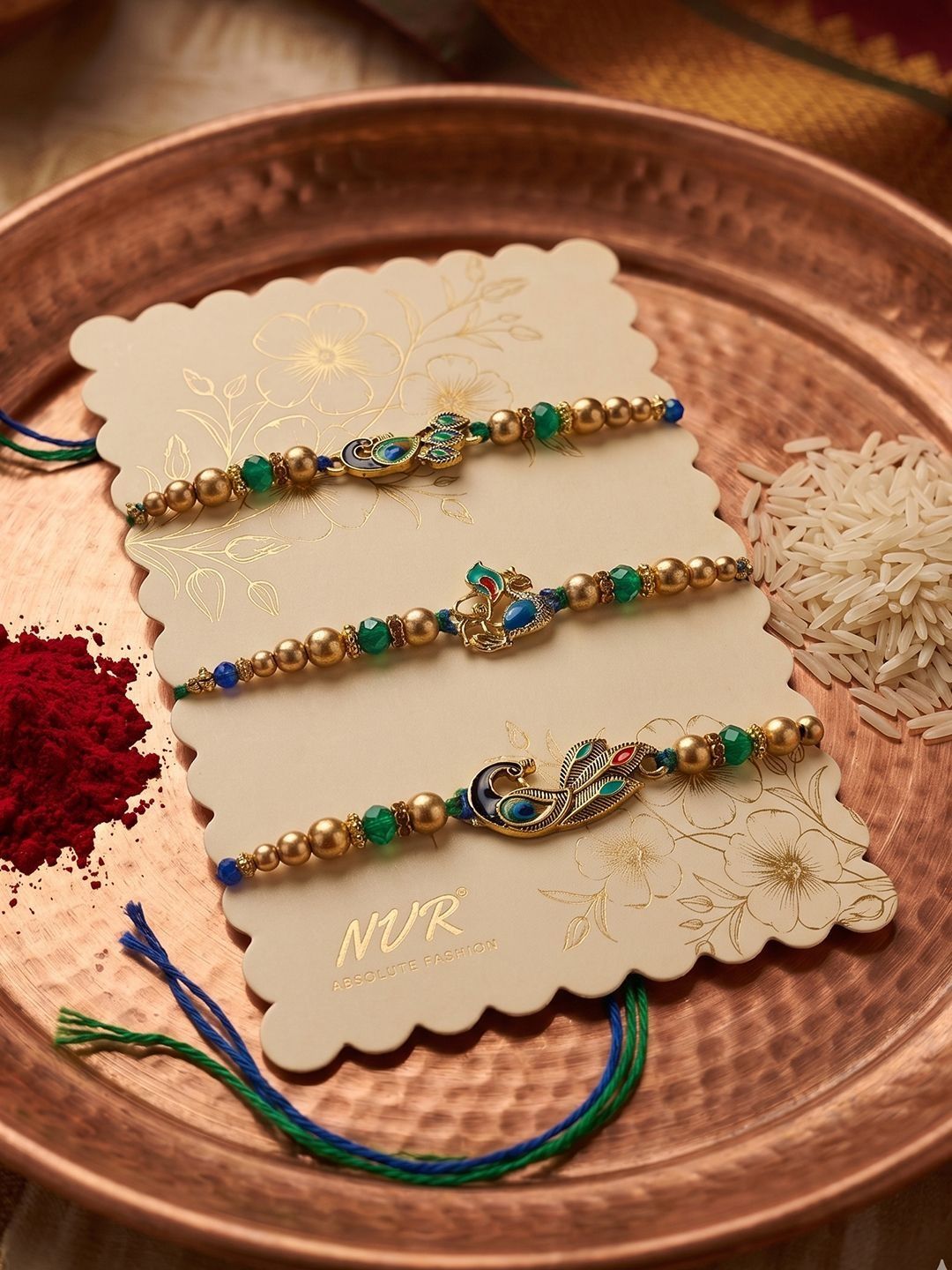 Anouk Set Of 3 Peacock Design Multicolor Artificial Beads Thread Rakhi With Roli Chawal