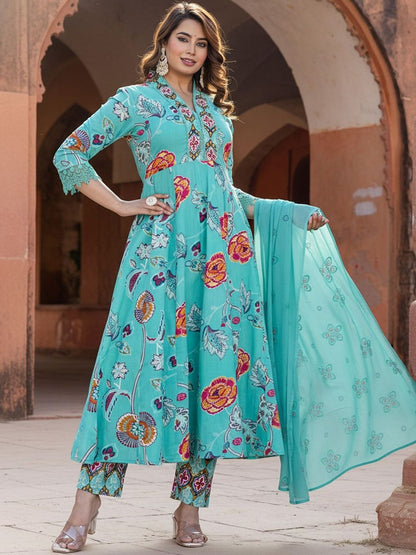 Floral Printed Tiered Mirror Work Pure Cotton Kurta With Trousers & Dupatta