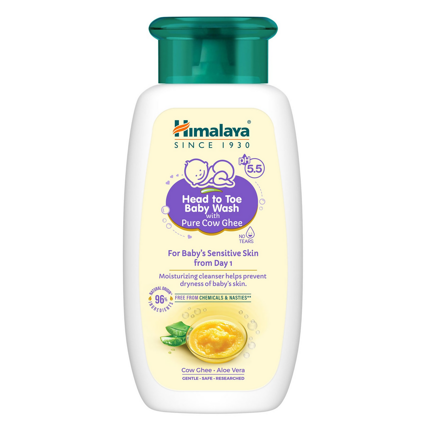 Himalaya Herbals Baby Wash with pure cow ghee, gentle head-to-toe baby care product showing the bottle and natural ingredients.