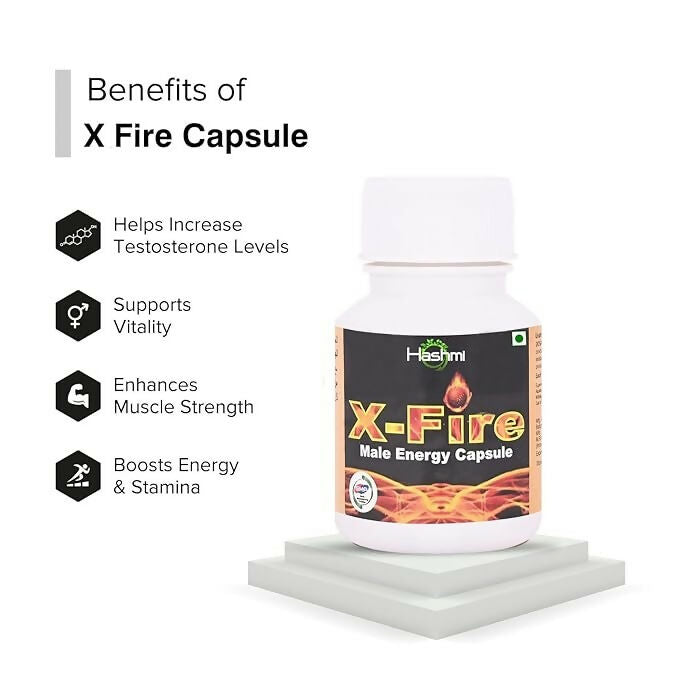 Hashmi X-Fire Unani capsules for men's strength, stamina, energy, and power, shown in a bottle with capsules inside.