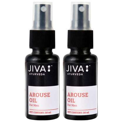 Jiva Ayurveda Arouse Oil in a glass bottle with dropper, Ayurvedic oil used for enhancing vitality and mood.
