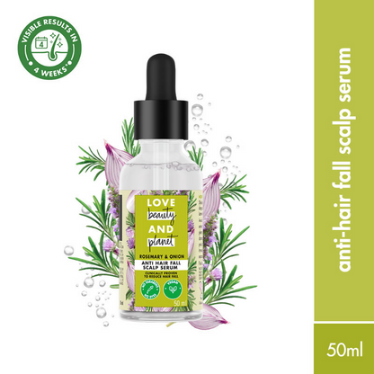Love Beauty and Planet Onion & Rosemary anti-hair fall scalp serum bottle with dropper for nourishing hair treatment.