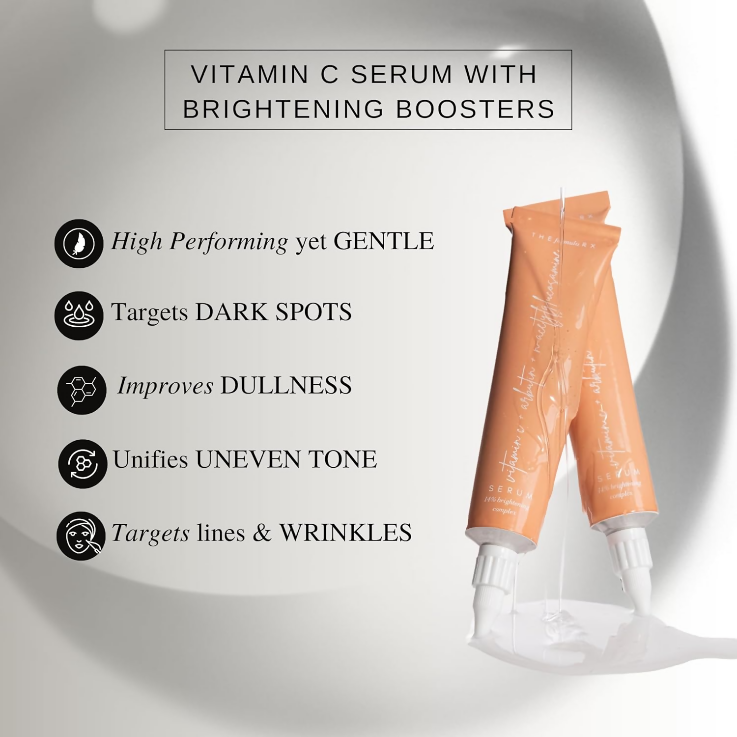 The Formularx Vitamin C Brightening Serum with Arbutin and Nag in a clear glass bottle with a dropper for glowing skin.