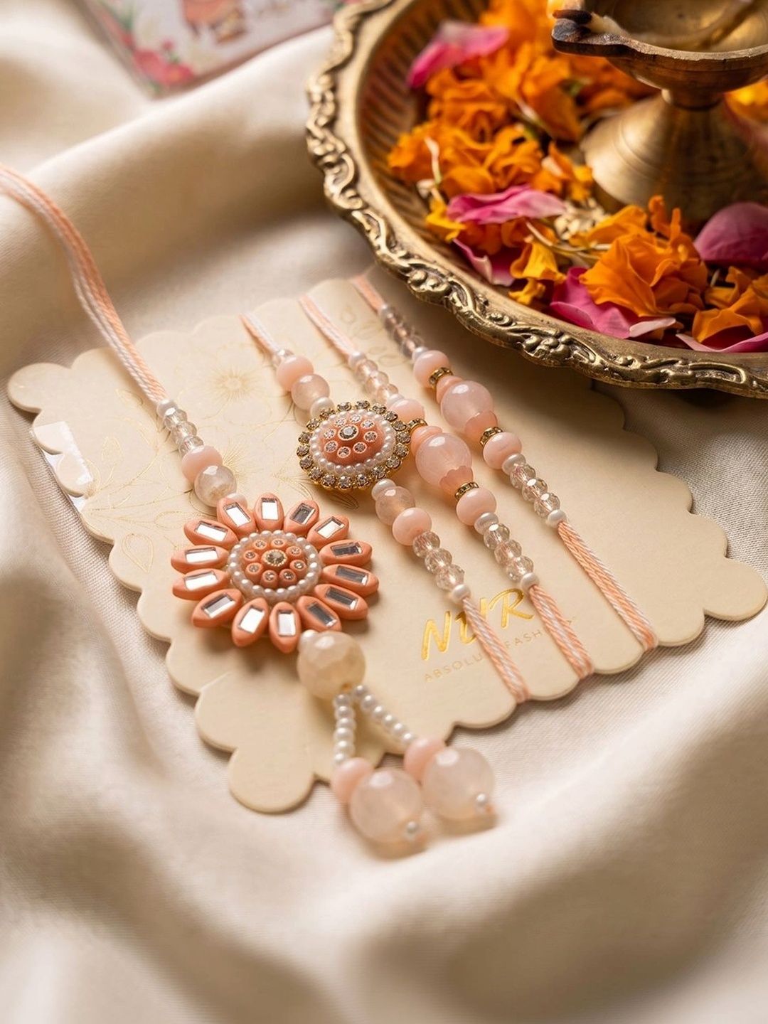 Anouk Set Of 4 Beaded Family Pack Thread Rakhi With Roli Chawal Chandan Mishri