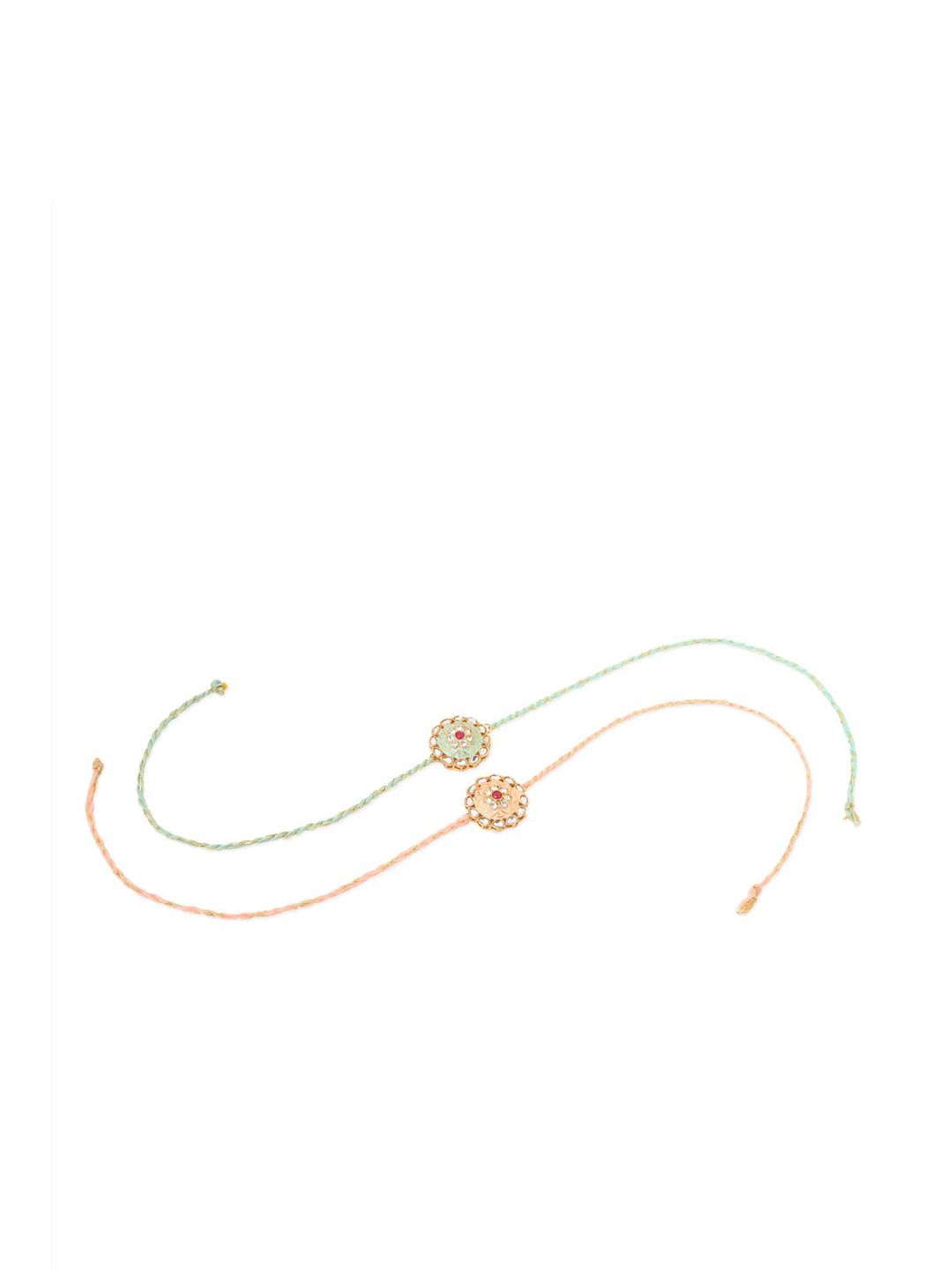 Anouk Men Set Of 2 Peach & Green Kundan Studded Round Floral Design Rakhi With Roli Chawal