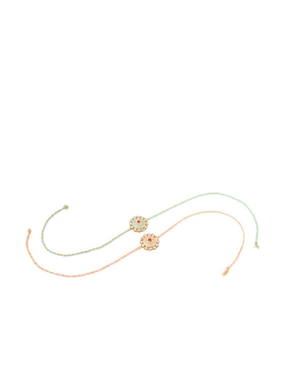 Anouk Men Set Of 2 Peach & Green Kundan Studded Round Floral Design Rakhi With Roli Chawal