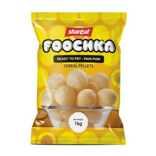 Shareat Foochka Pani Puri ready-to-fry snack, round crispy shells for making Pani Puri, from Generic brand, shown in the image.
