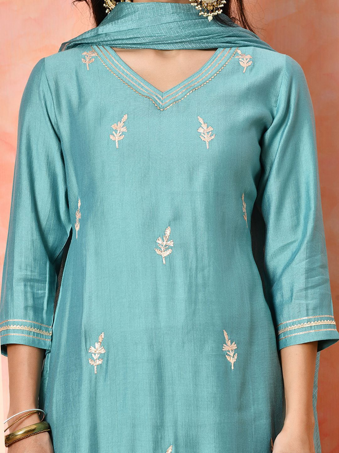 Indyancart SN Women's Solid Embroidered Kurta with Trousers & Dupatta