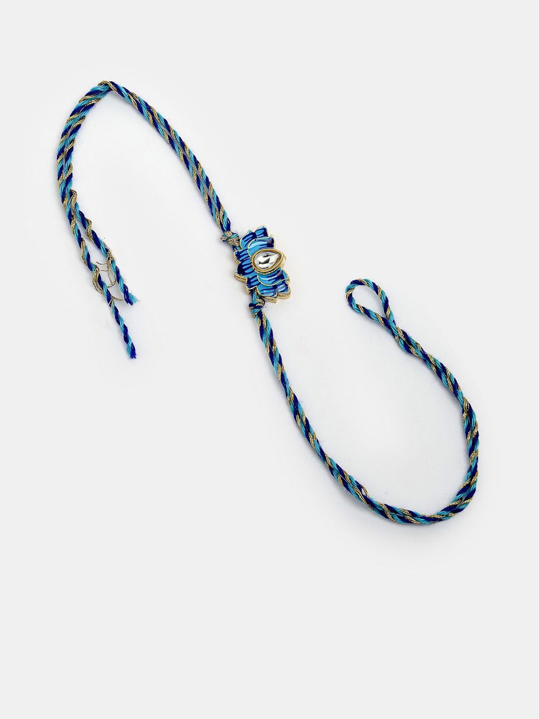 Anouk Unisex Set Of 2 Blue Lotus Shape Kundan-Studded & Beaded Wraparound Rakhi Set