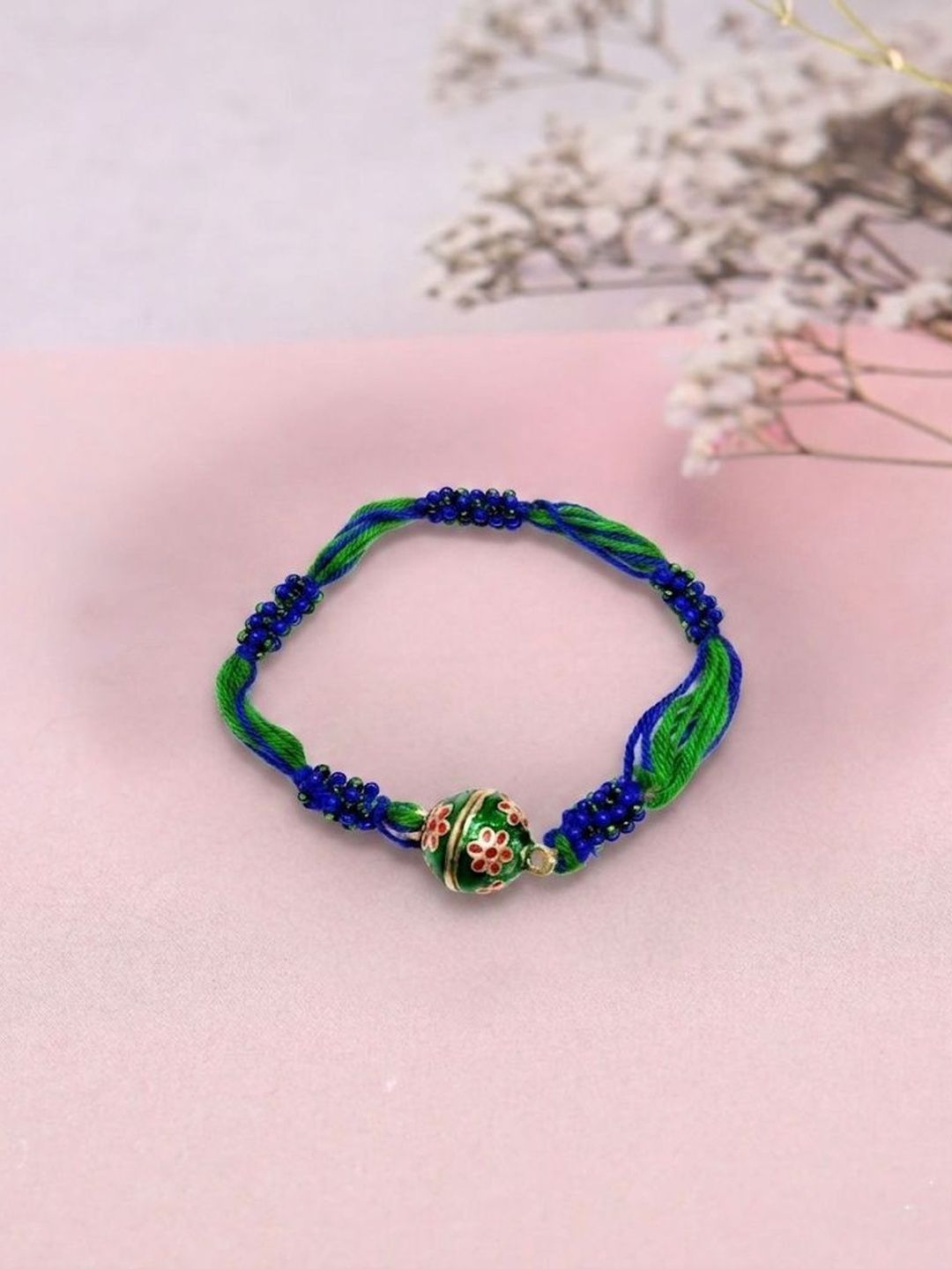 Anouk Magnetic Opening Blue Meenakari Work Thread Rakhi With Roli Chawal Chandan Mishri