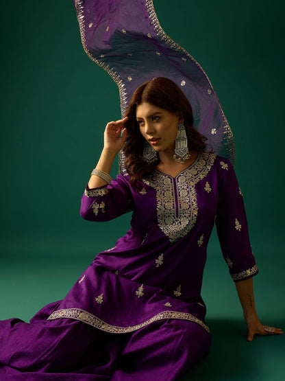 Indyancart VA Ethnic Motifs Embroidered Zari Kurta With Sharara & Dupatta