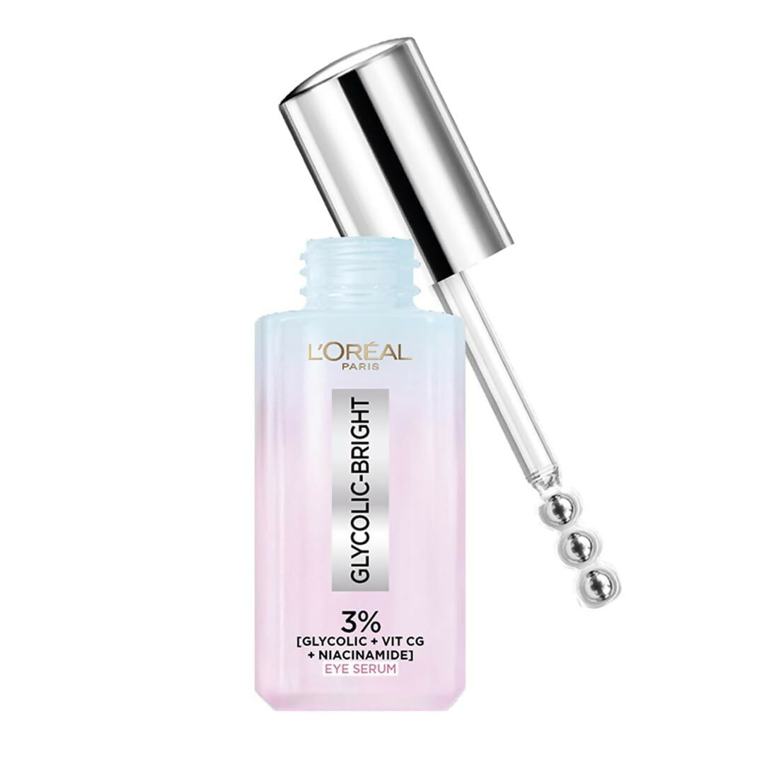 L'Oreal Paris Glycolic Bright Dark Circle Eye Serum with glycolic acid, vitamin Cg, and niacinamide for under eye brightening.