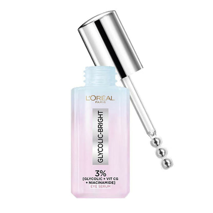 L'Oreal Paris Glycolic Bright Dark Circle Eye Serum with glycolic acid, vitamin Cg, and niacinamide for under eye brightening.