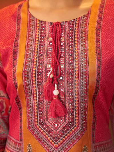 Indyancart IE Ethnic Motifs Printed Thread Work Straight Kurta With Trousers & Dupatta