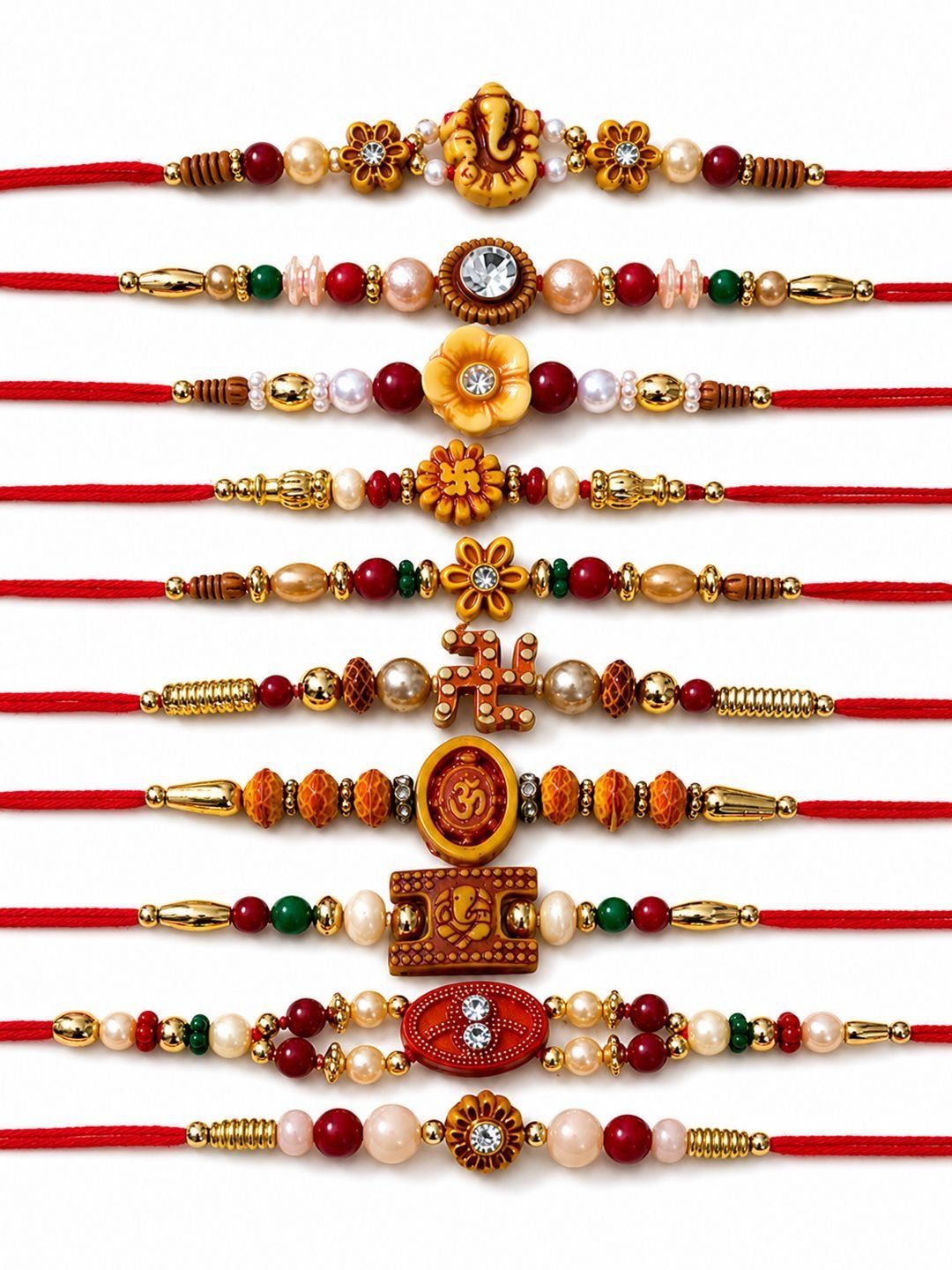 Anouk Set Of 10 Artificial Stones & Beads Thread Rakhi With Roli Chawal Chandan Mishri