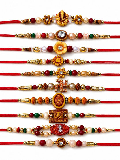 Anouk Set Of 10 Artificial Stones & Beads Thread Rakhi With Roli Chawal Chandan Mishri