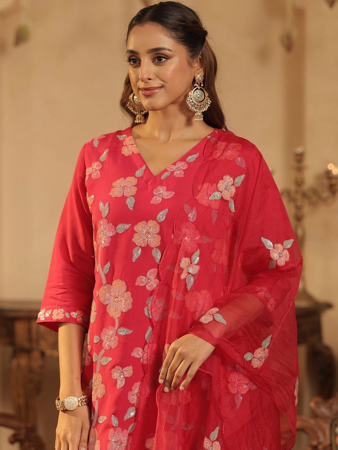 Women Floral Embroidered Regular Sequinned Straight Kurta with Trousers & Dupatta