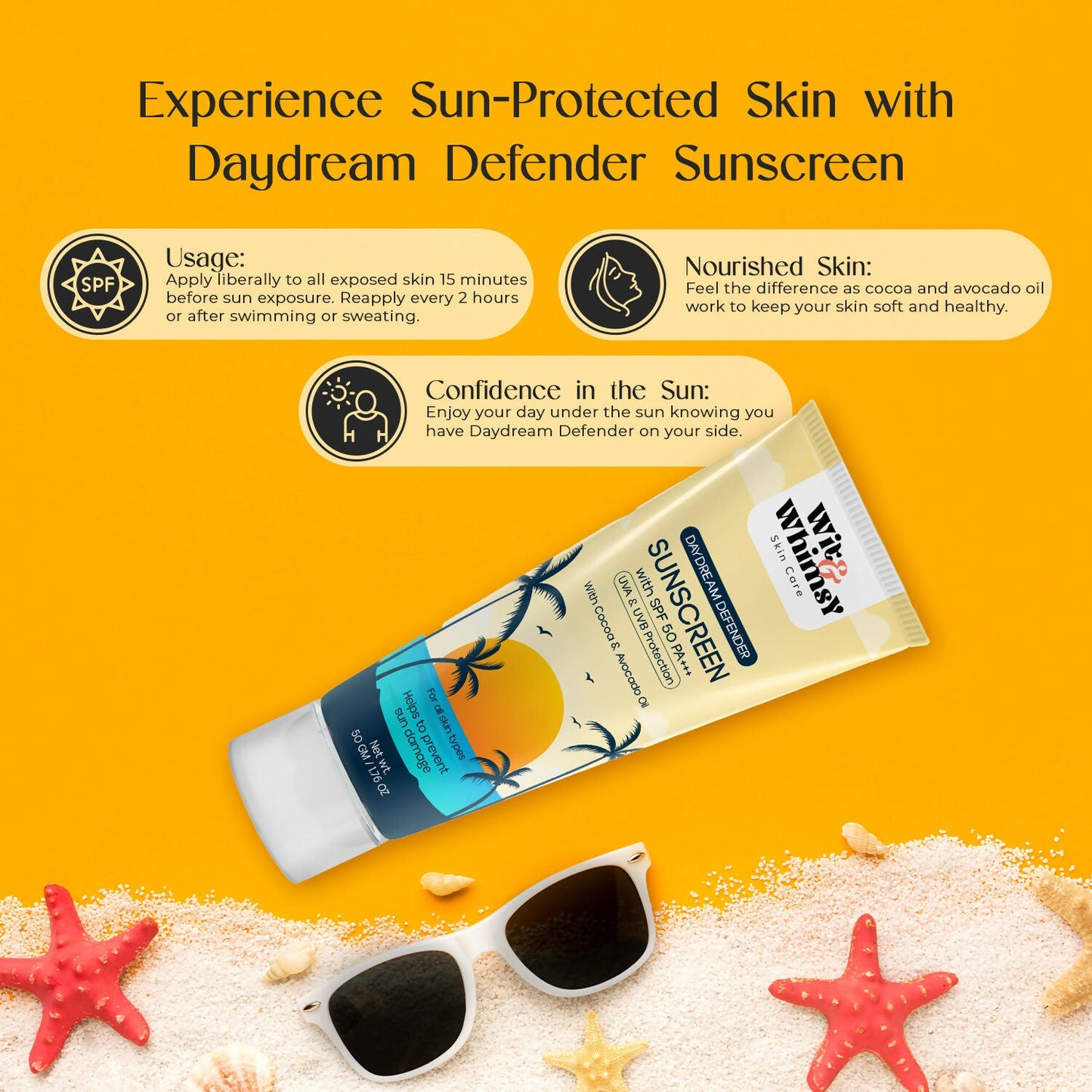 Wit and Whimsy SPF 50 PA+++ sunscreen bottle with cocoa and avocado oil for skin protection and skincare.
