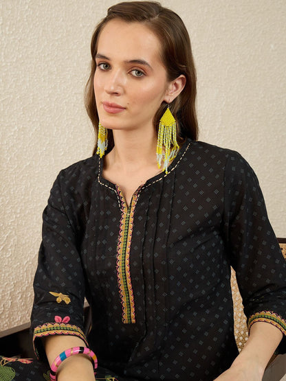 Floral Printed Thread Work Pure Cotton Straight Kurta With Trousers