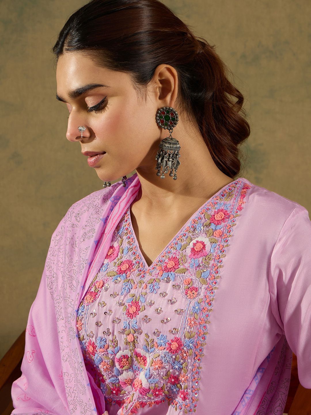 Indyancart IE Floral Embroidered Thread Work Straight Kurta With Trousers & Dupatta
