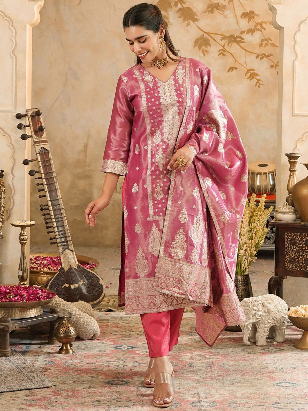 Women Ethnic Motifs Woven Design Kurta with Trousers & Dupatta