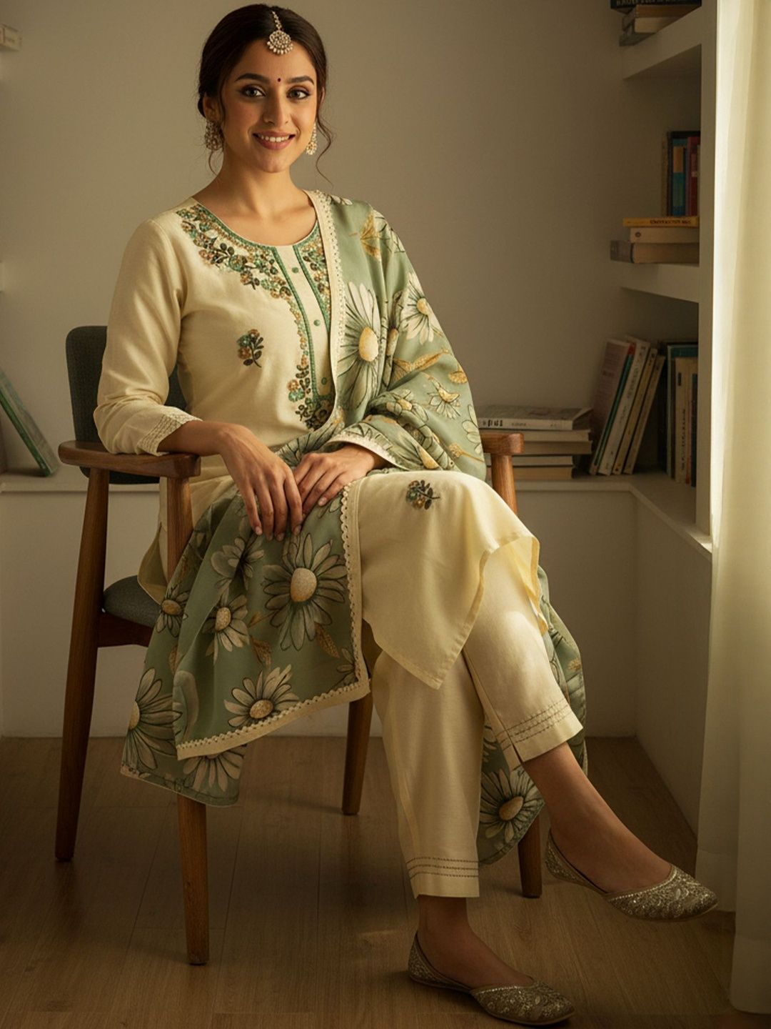 Floral Embroidered Regular Thread Work Kurta With Trousers & Dupatta