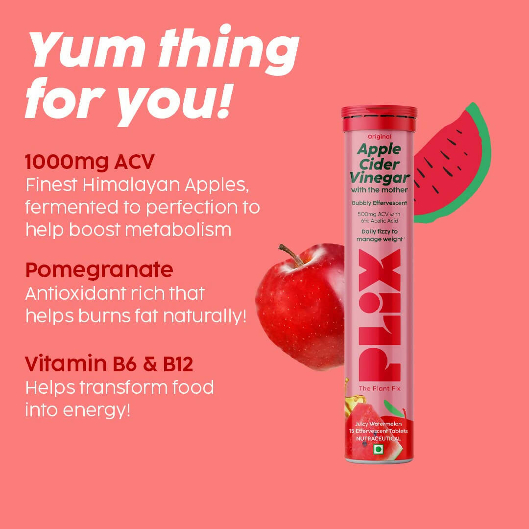 PLIX The Plant Fix Apple Cider Vinegar Effervescent Tablet with Mother - Juicy Watermelon - Indyancart