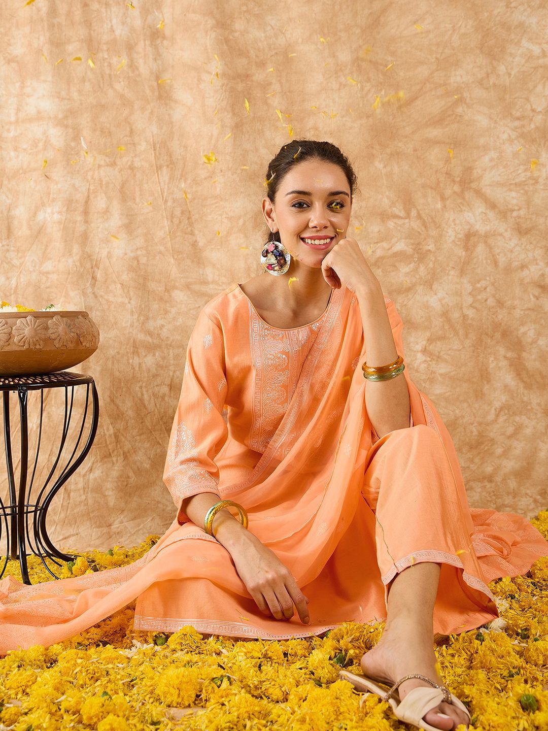 Ethnic Motifs Printed Straight Liva Kurta with Trousers & Dupatta