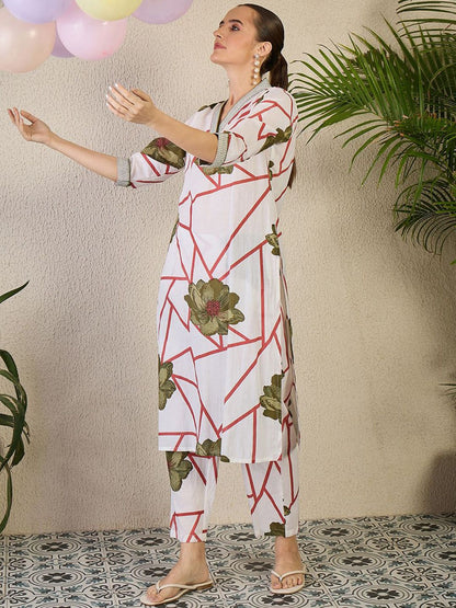 Indyancart IE Floral Printed V-Neck Straight Pure Cotton Kurta With Trousers