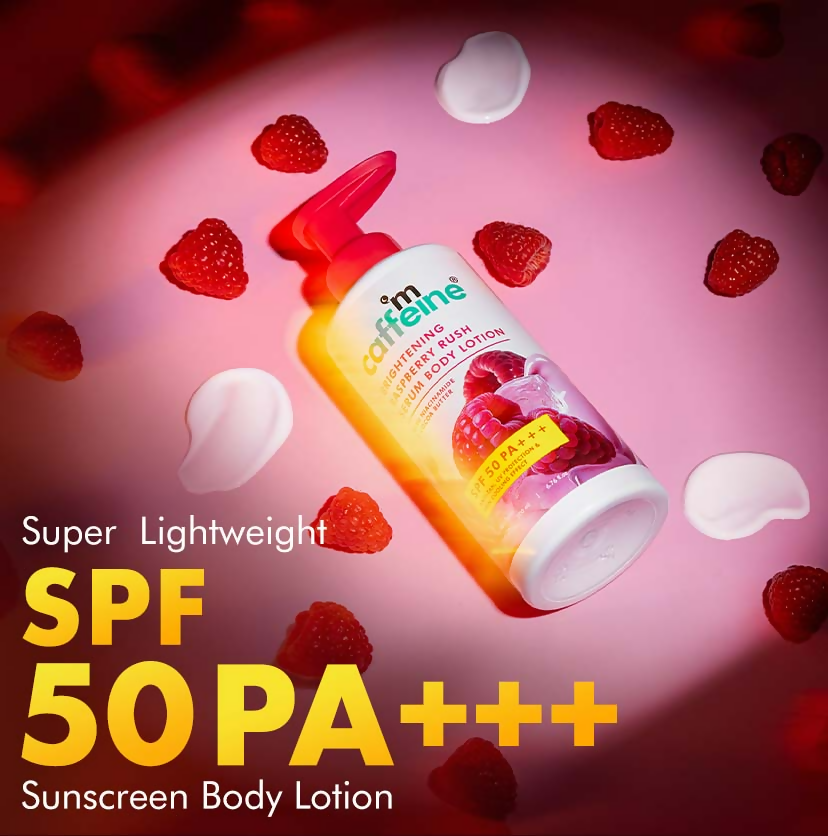 mCaffeine Brightening Raspberry Rush Serum Body Lotion SPF 50 PA+++
