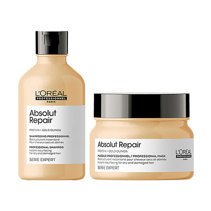 L'Oreal Paris Serie Expert Absolut Repair shampoo and hair mask duo for damaged hair, displayed in their bottles and packaging.