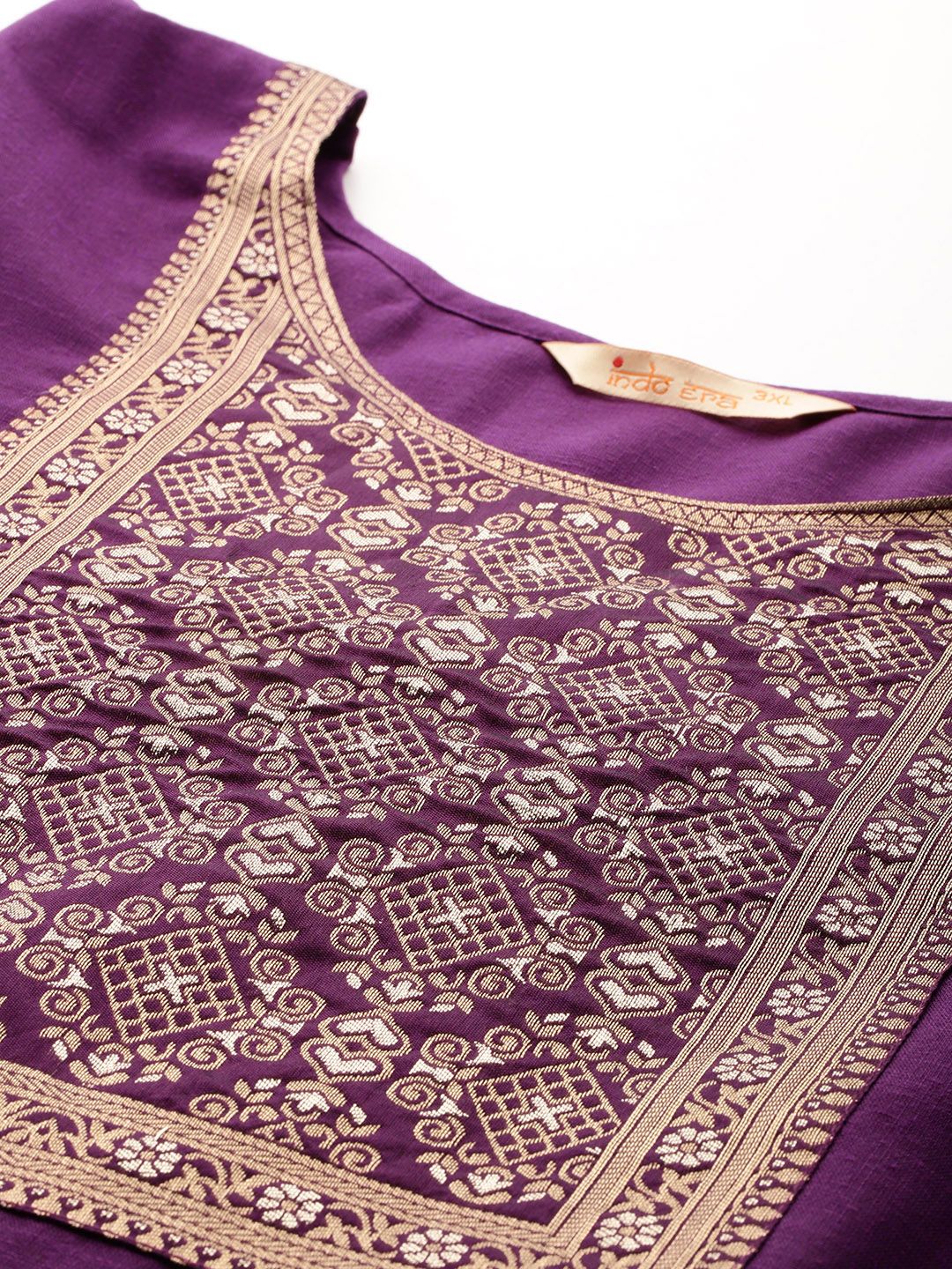 Indyancart IE Plus Size Yoke Design Zari Pure Cotton Kurta With Trousers & Dupatta
