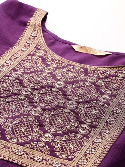 Indyancart IE Plus Size Yoke Design Zari Pure Cotton Kurta With Trousers & Dupatta
