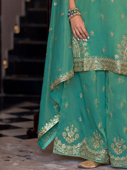 Indyancart IE Ethnic Motifs Embroidered Sequinned Straight Kurta Palazzos With Dupatta