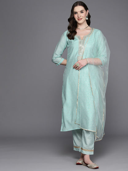 Indyancart IE Embroidered Regular Sequinned Chanderi Silk Kurta with Trousers & Dupatta
