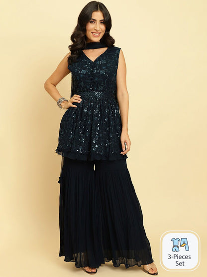 Indyancart VA Floral Embroidered Empire Sequinned Silk Georgette Kurta With Sharara & Dupatta