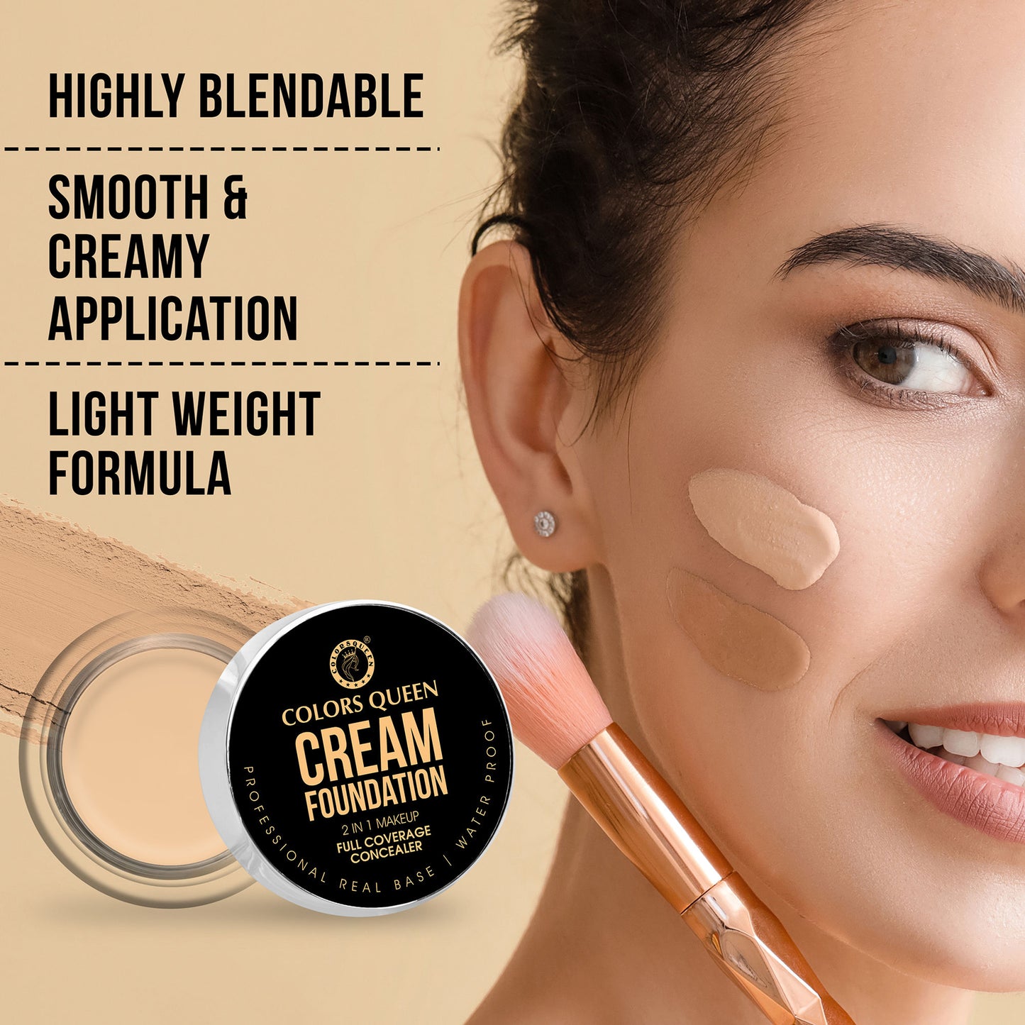 Colors Queen 2 In 1 Cream Waterproof Foundation With Concealer - Natural