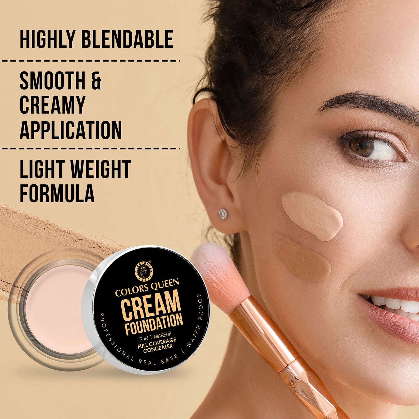 Colors Queen 2 In 1 Cream Waterproof Foundation With Concealer - 72