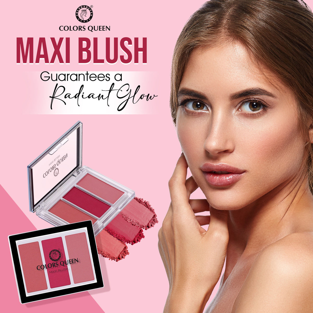 Colors Queen Maxi Blush Palette 02 with vibrant pink, coral, and neutral shades arranged in a sleek compact for versatile blush looks.