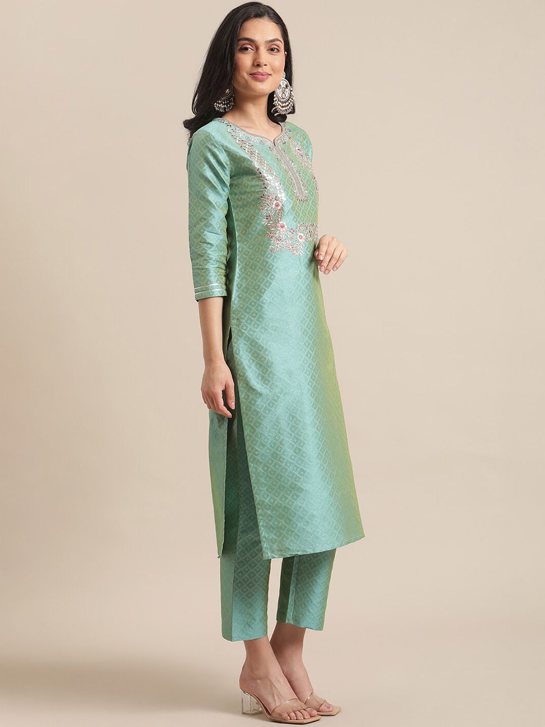 Indyancart VA Women's Floral Embroidered Thread Work Kurta with Trousers & With Dupatta