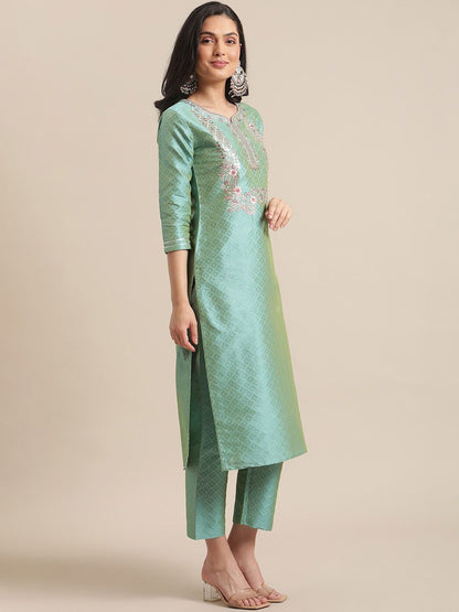 Indyancart VA Women's Floral Embroidered Thread Work Kurta with Trousers & With Dupatta