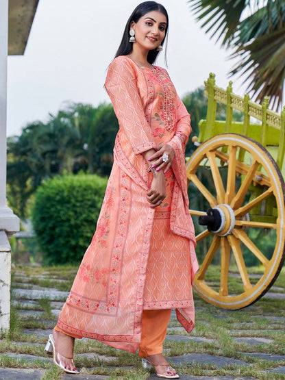 Indyancart IE Pink Floral Embroidered Round Neck Straight Kurta with Trousers & Dupatta
