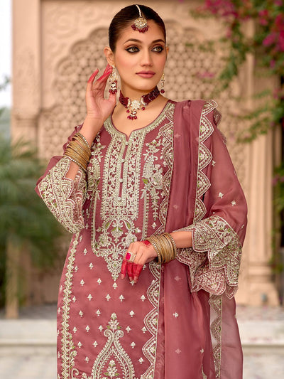 Indyancart IE Floral Embroidered Notch Neck Zari Organza Kurta With Trousers And Dupatta