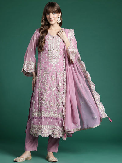 Indyancart IE Ethnic Motifs Embroidered Sequinned Kurta With Trousers & Dupatta