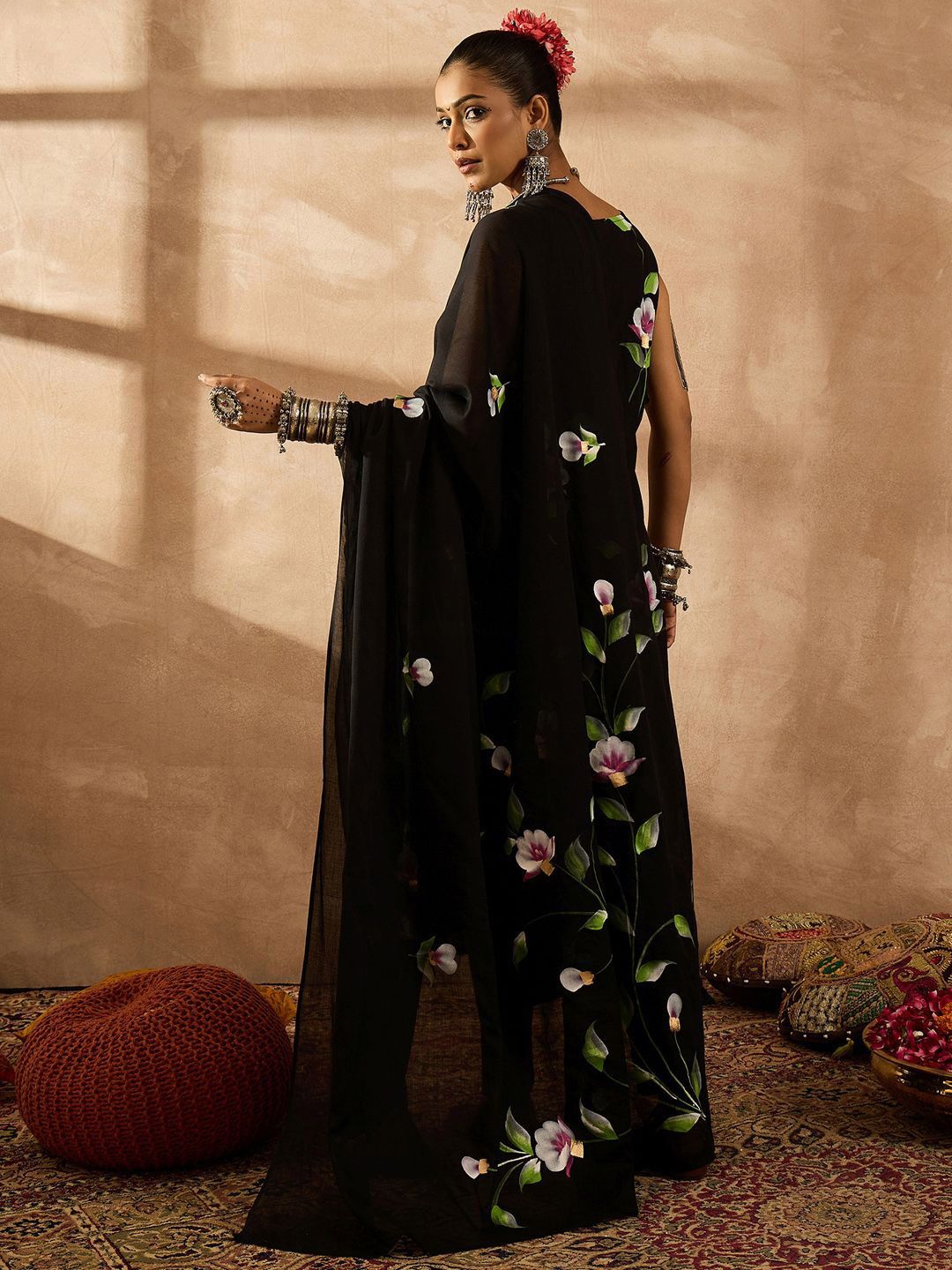 Indyancart IE Women Floral Printed Regular Pure Cotton Kurta with Trousers & With Dupatta