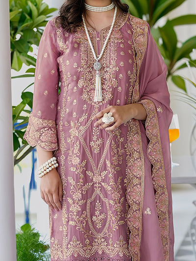 Indyancart IE Ethnic Motifs Embroidered V Neck Straight Kurta With Trousers & Dupatta