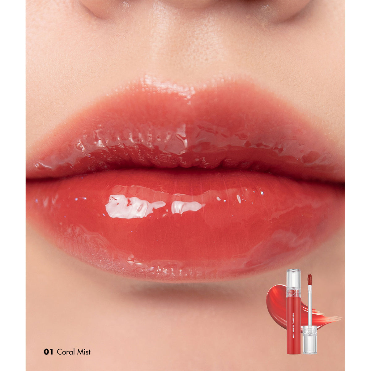 Rom&nd Glasting Water Tint in Coral Mist, vibrant coral lip tint with glossy finish, shown on a model's lips.