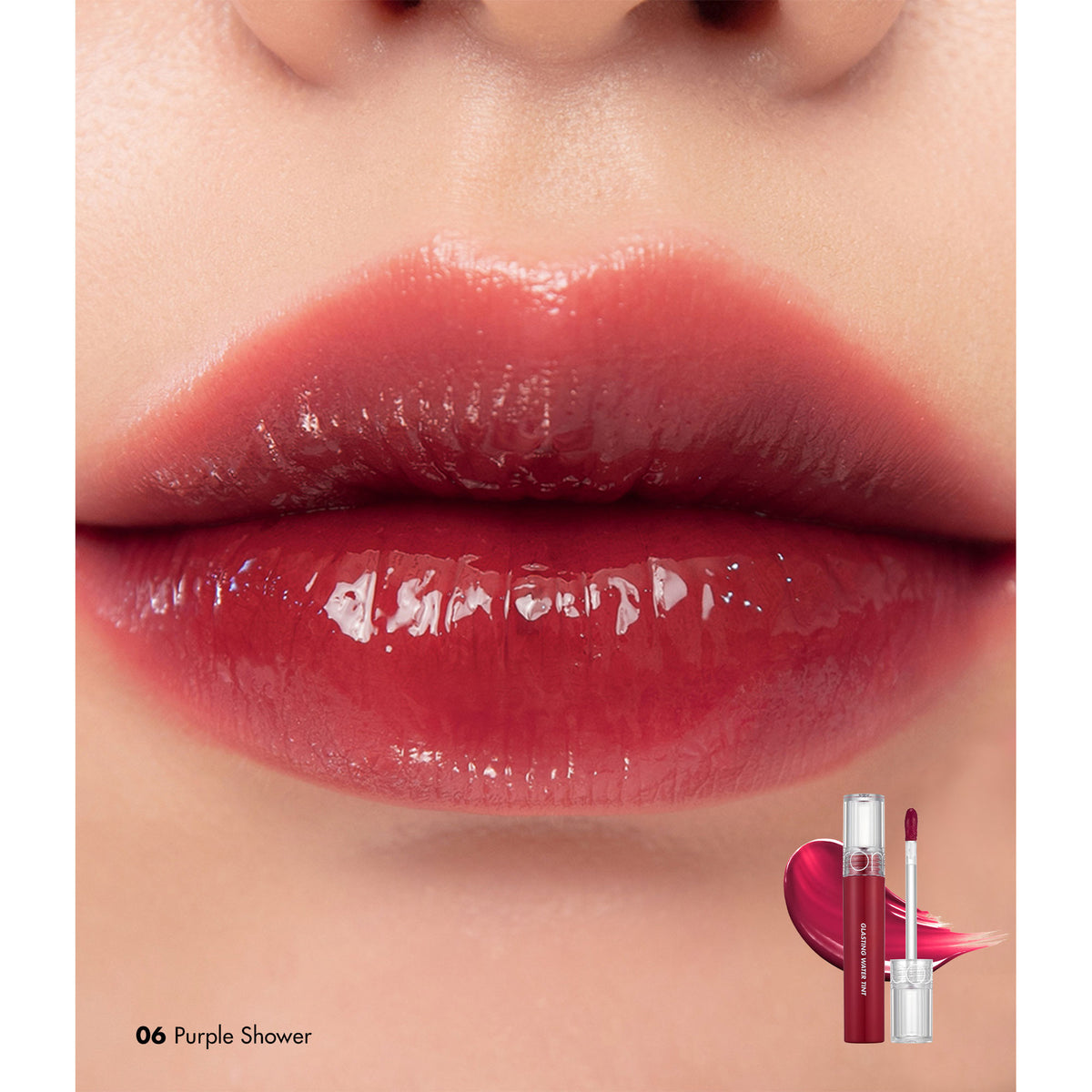 Rom&nd Glasting Water Tint in shade 06 Purple Shower, showing the vibrant purple lip tint with glossy finish.